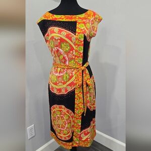 Madison Orange & Black Medallion Print Sheath Dress Size S